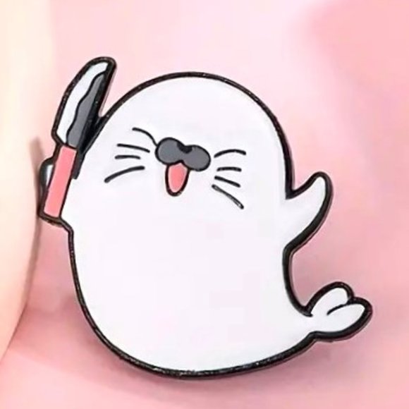 Seal Pin Baby with Knife Enamel Brooch Funny Bag Charm Backpack Whimsicle Funny - Picture 1 of 2